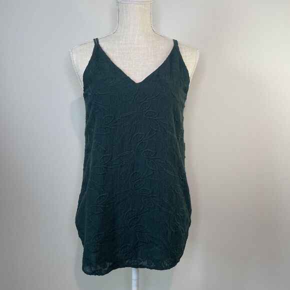 NWT LOFT Green Floral Embroidered Tiered Lined V Neck Tank Top Women's Small - Picture 1 of 11